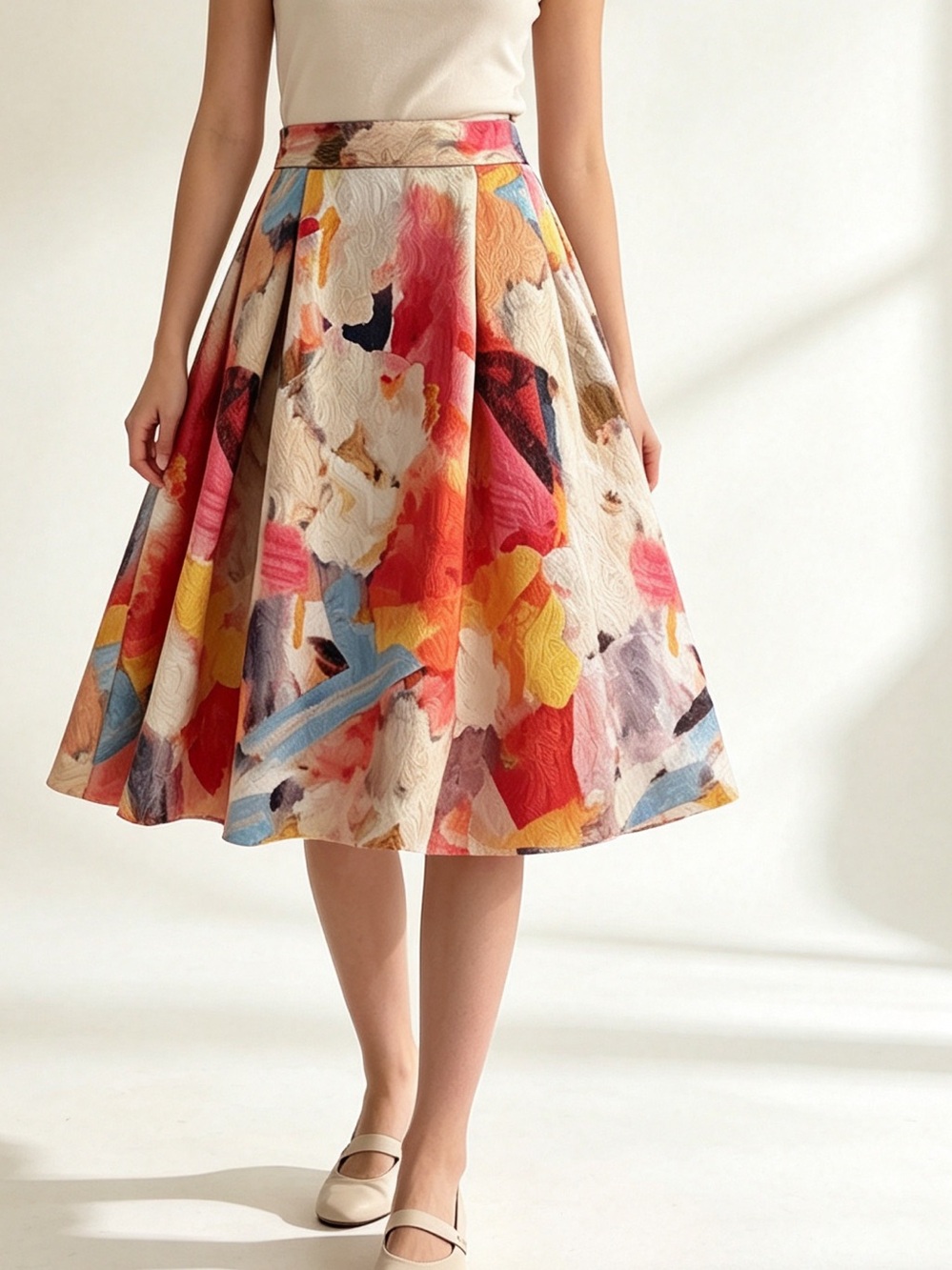 H&M Women's Multicolor Abstract Jacquard A-Line Midi Skirt Pleated wPocket Size6